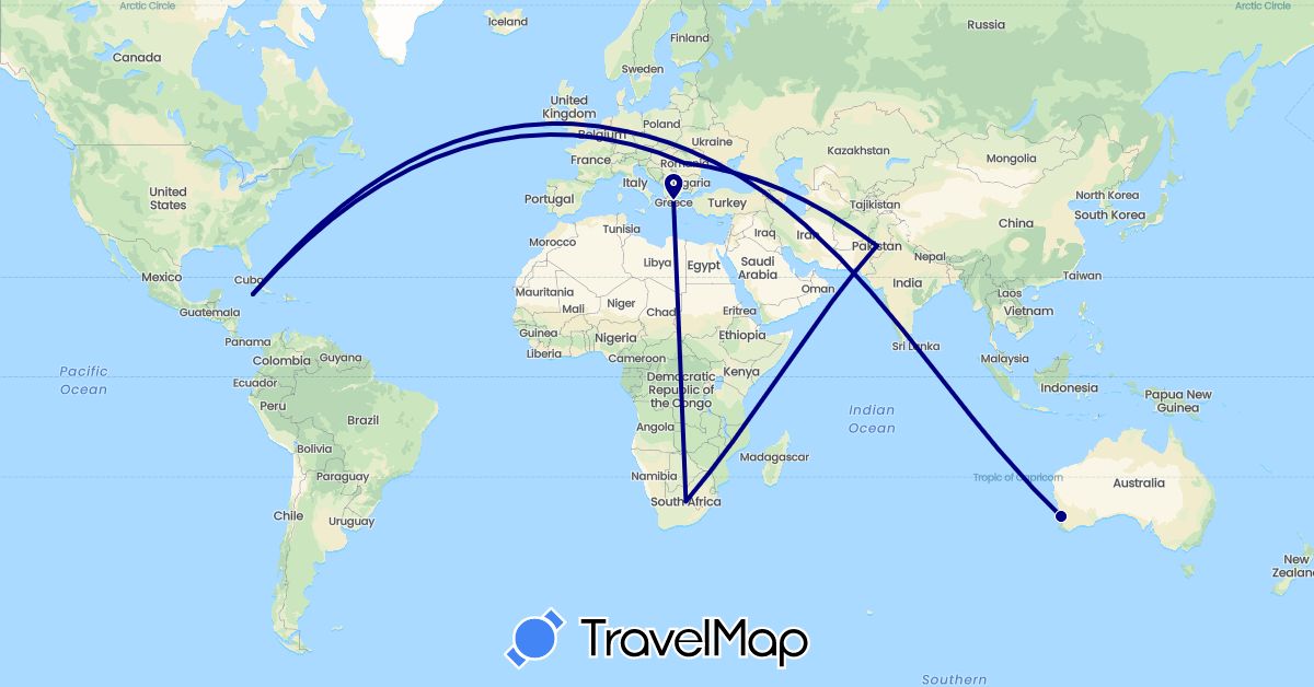 TravelMap itinerary: driving in Australia, Germany, Greece, Cayman Islands, Pakistan, Romania, South Africa (Africa, Asia, Europe, North America, Oceania)