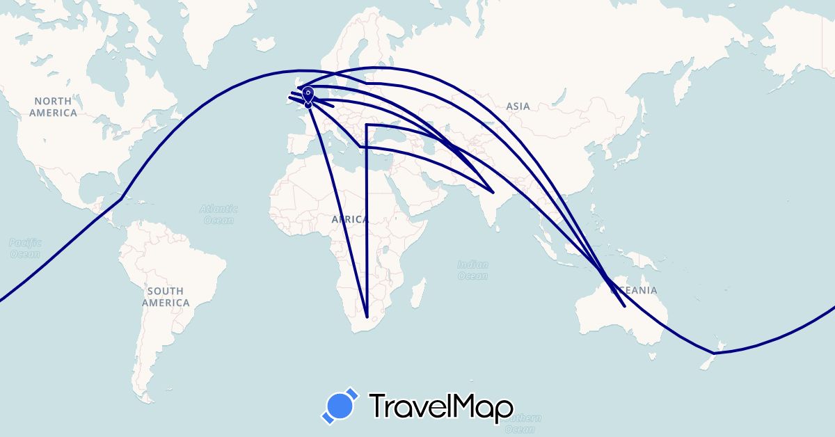 TravelMap itinerary: driving in Australia, Germany, United Kingdom, Greece, Ireland, India, Cayman Islands, Latvia, Netherlands, New Zealand, Pakistan, Romania, South Africa (Africa, Asia, Europe, North America, Oceania)